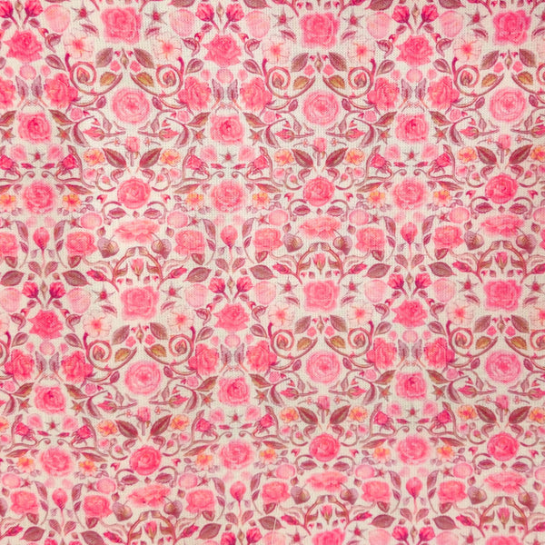 Linen Soft Pink With Simple Pink Roses Jaal Screen Print Fabric