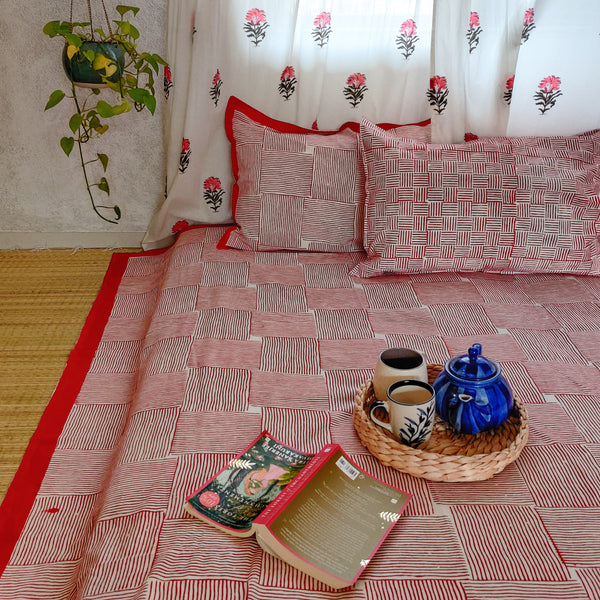 Lines And Squares Red Pure Cotton Jaipuri Double Bedsheet