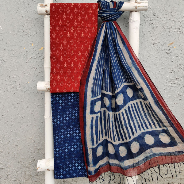 MADHU - Pure Cotton Ajrak Red Top With Indigo Bottom And A Beautiful Indigo Linen Dupatta