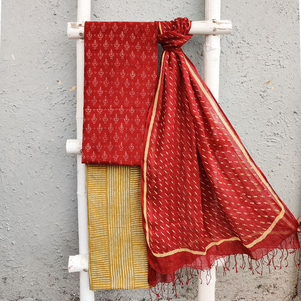 MADHU - Pure Cotton Ajrak Rust Top With Mustard Bottom And Dabu Linen Dupatta