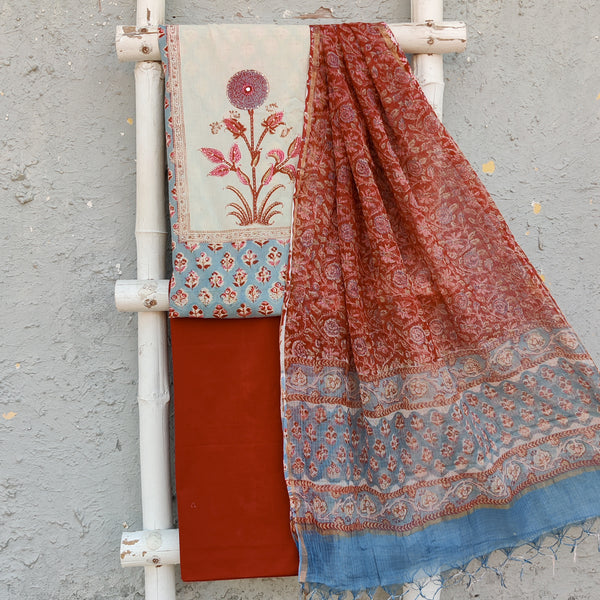 MADHU - Pure Mul Cotton Jaipuri Hand Block Printed Top With Yoke Plain Bottom And A Kota Doria Dupatta