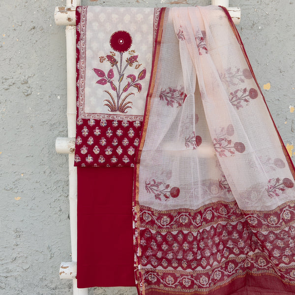 MADHU - Pure Mul Cotton Jaipuri Hand Block Printed Top With Yoke Plain Bottom And A Kota Doria Dupatta Red