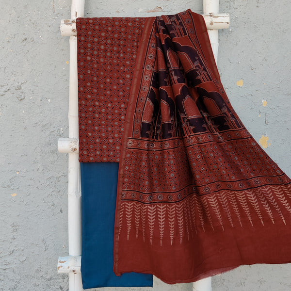 MADHUBALA - Pure Chanderi Hand Block Printed Ajrak Top With Plain Cotton Bottom And A CHanderi Hand Block Printed Dupatta