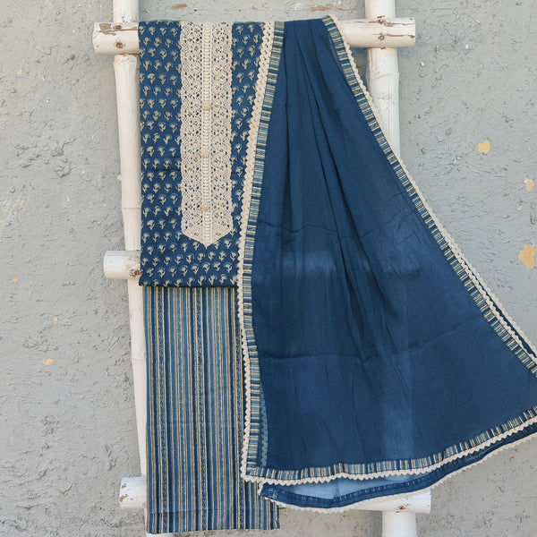 MANAVI - Pure Cotton Screen Print Top With Crochet Yoke Patti With Printed Stripes Bottom And Chiffon Dupatta