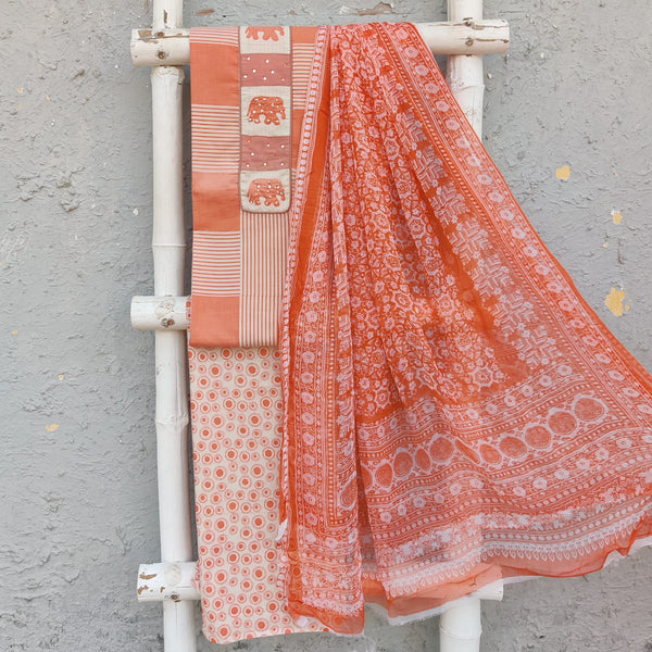 MANUSHI - Pure Cotton Printed Top Printed Pure Cotton Bottom And A Chiffon Printed Dupatta Orange