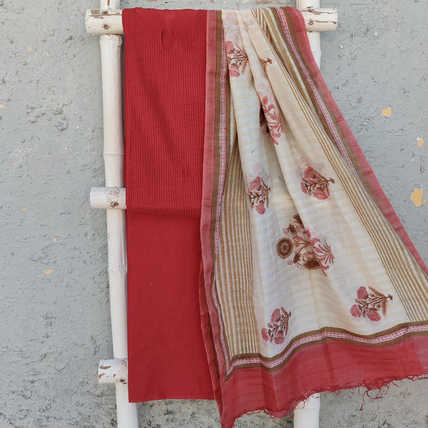 MANVI - Reddish Peach Cotton Silk Self Design Top Fabric With Plain Bottom And A Chanderi Printed Mughal Dupatta