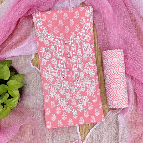 MASOOM - Pure Cotton Pink Kairi Print Top Fabric With Embroidered Yoke Printed Bottom And A Shaded Kota Doriya Dupatta