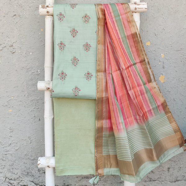 MATSYA - Pastel Green Top Cotton Silk Fabric With Motifs And French Embroidery With Plain Bottom And A Shaded Pink Cotton Silk Digital Print Dupatta