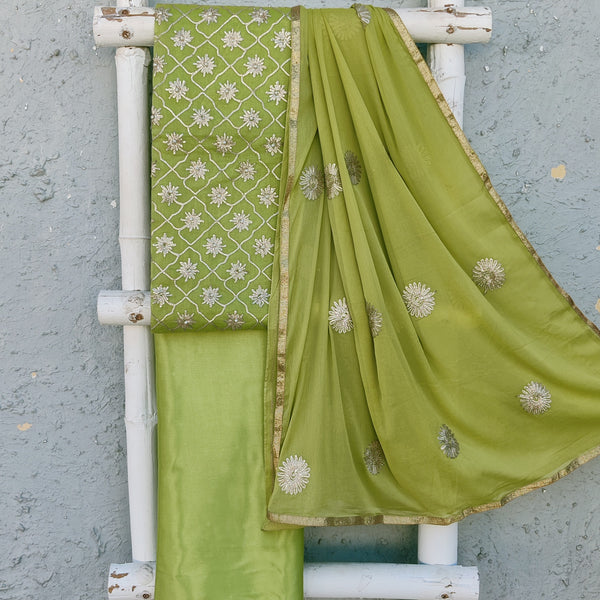 MEENA BAZAR - Green Cotton Silk Top With All Over Embroidery Satin Green Bottom And A Chiffon Dupatta