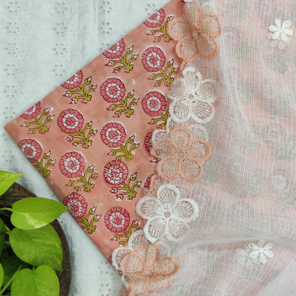 MEERA - Pure Cotton Jaipuri Top Fabric With Flower Scalloped White Kota Dupatta