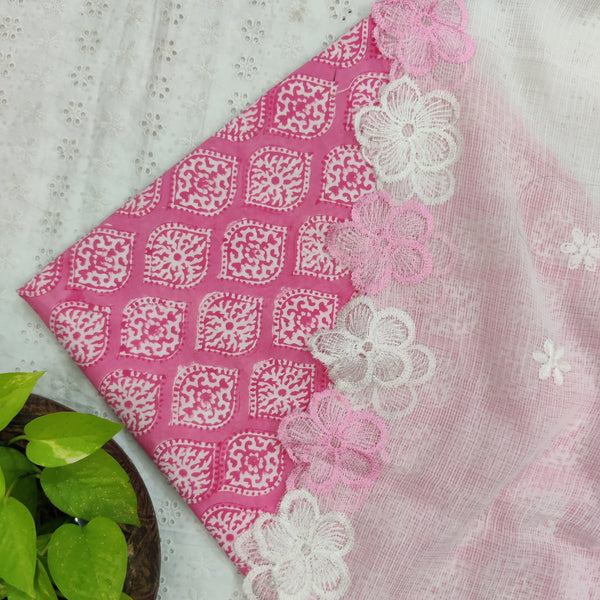 MEERA - Pure Cotton Jaipuri Top Fabric With Flower Scalloped White Kota Dupatta Pink