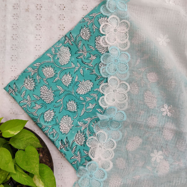 MEERA - Pure Cotton Jaipuri Top Fabric With Flower Scalloped White Kota Dupatta Sea Blue Green