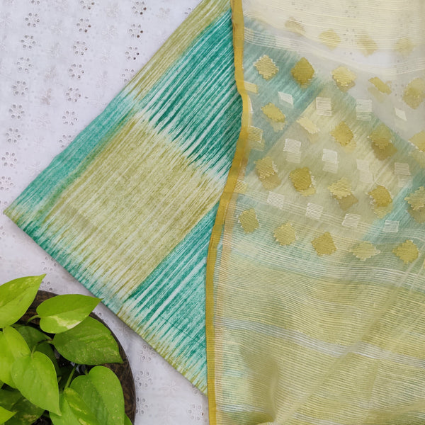 MEERA - Pure Cotton Jaipuri Top Fabric With Semi Organza Dupatta Shades Of Green Lemon