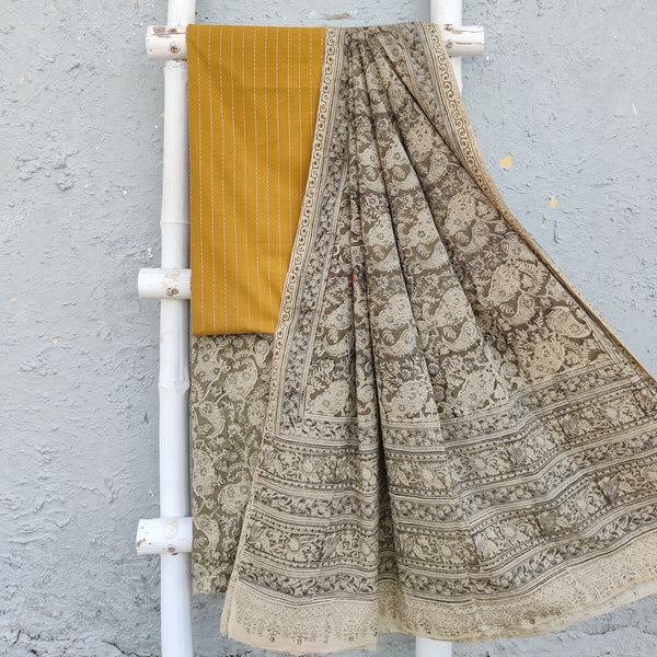 MEERA - Pure Cotton Kaatha Handloom Top With Kalamkari Bottom And Dupatta