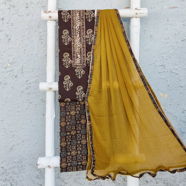 MEGHAVI - Pure Cotton Dark Brown Ajrak Printed Top Fabric With Ajrak Printed Pure Cotton Bottom And A Chiffon Dupatta