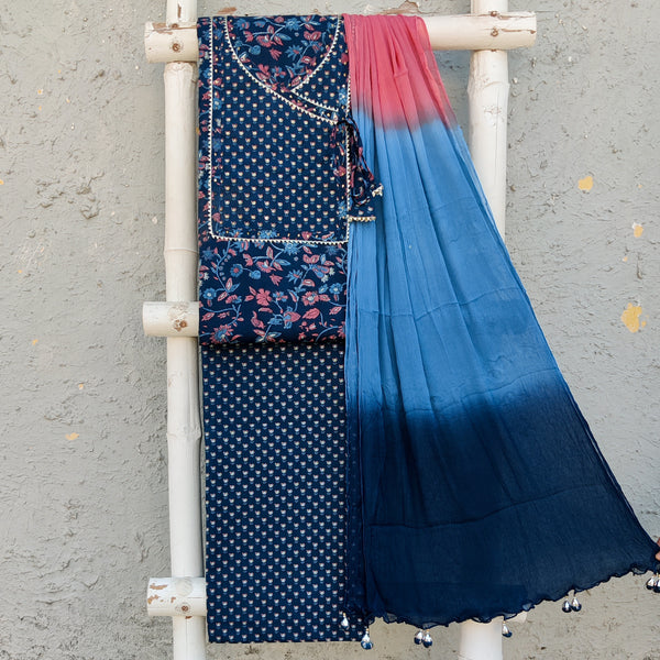 MEGHVI - Pure Cotton Navy Blue Screen Printed Top With Embroidered Yoke Pure Cotton Printed Bottom And A Shaded Chiffon Dupatta