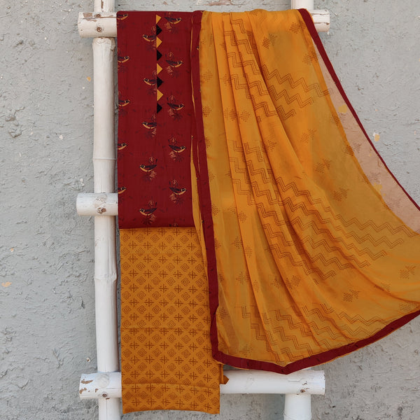 MEHRAB - Pure Cotton Screen Printed Top With A Mustard Printed Bottom And A Chiffon Printed Dupatta