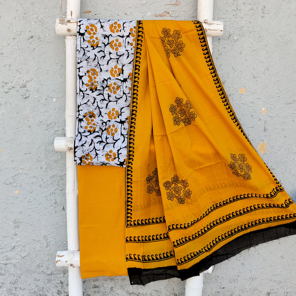 MENAKA - Pure Cotton Moum Batik Hand Block Printed Top With Plain Bottom And A Pure Cotton Printed Dupatta Mustard