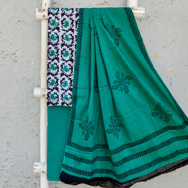 MENAKA - Pure Cotton Moum Batik Hand Block Printed Top With Plain Bottom And A Pure Cotton Printed Dupatta Teal