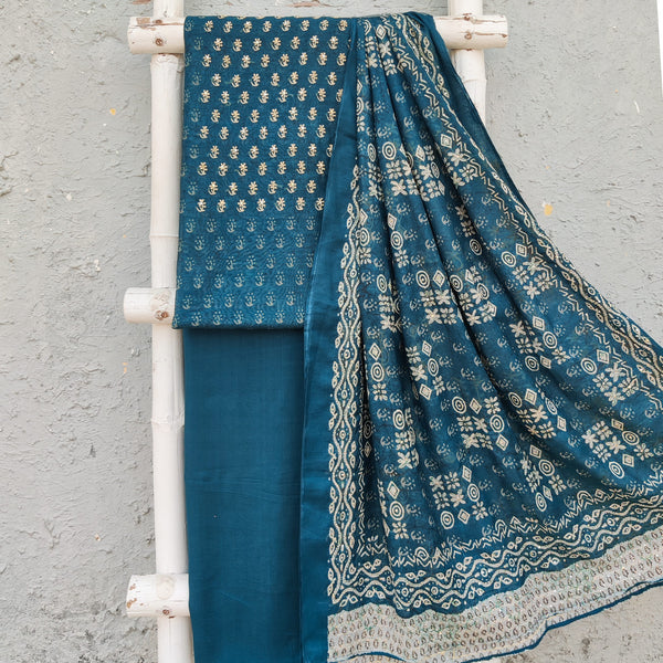 MERAKI -Digitally Printed And Kaatha Embroidered Top With Plain Rayon Bottom And A Digitally Printed Kaatha Work Dupatta