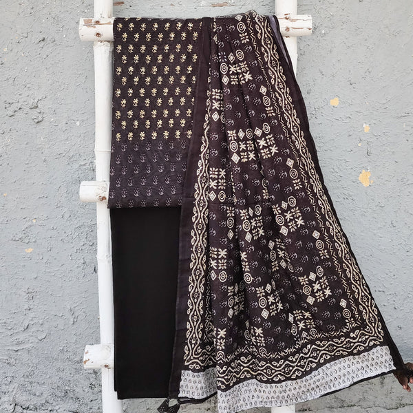 MERAKI -Digitally Printed And Kaatha Embroidered Top With Plain Rayon Bottom And A Digitally Printed Kaatha Work Dupatta Dark Brown