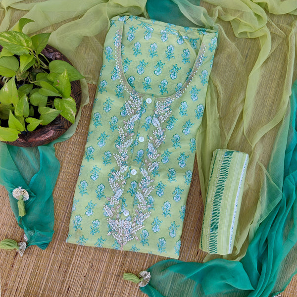 MERAKI - Muslin Green Set With Neck Bead Work