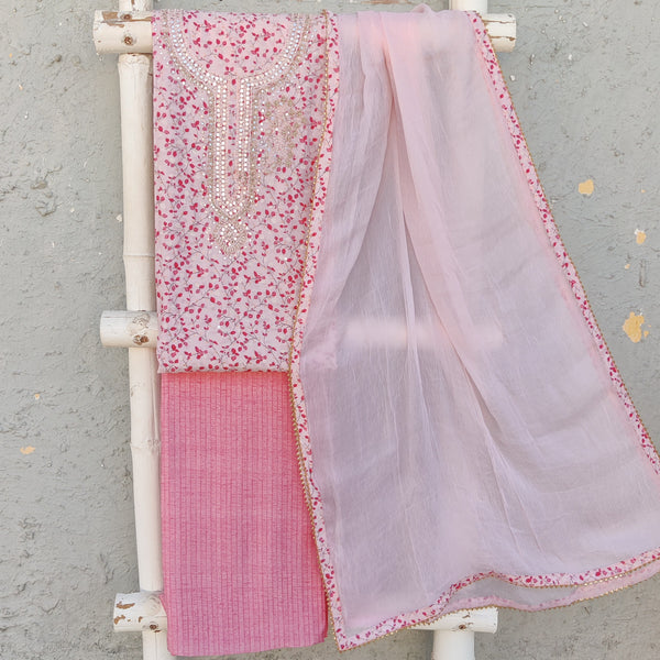 MERUHA - Digitally Printed Pink Top With Tiny Mirror Work Yoke top Fabric With Stripes Pink Bottom And A Chiffon Dupatta