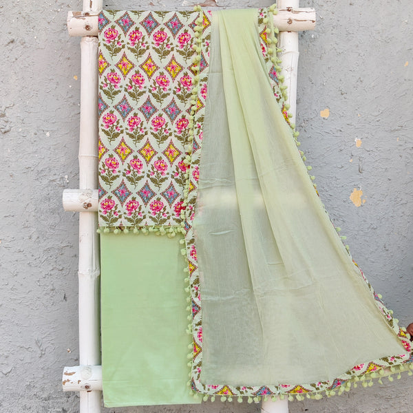 MISHA - Pure Cotton Pastel Green Printed Top Fabric With Plain Pastel Green Bottom And Chiffon Dupatta