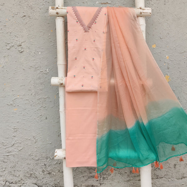 MOH - Pure Cotton Pastel Peach Top With Plain Cotton Bottom And A Shaded Dupatta