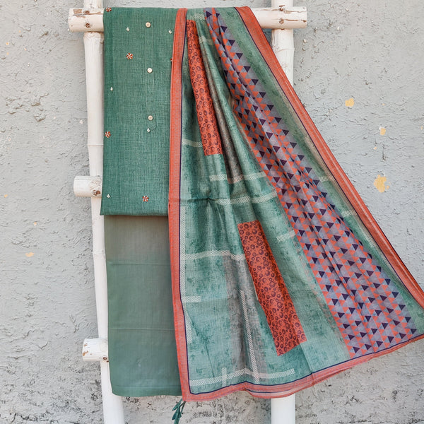 MOHA - Pure Cotton Teal Green Top With Simple Bead Embroidery Plain Bottom And A Digitally Printed Dupatta