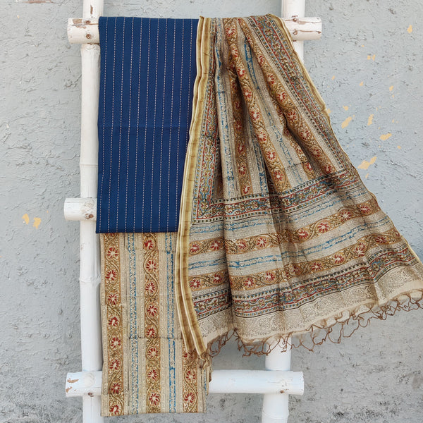 MOHANA - Pure Cotton Blue Handloom Kaatha Top Fabric With Hand Block Printed Kalamkari Bottom And A Matching Chanderi Kalamkari Dupatta