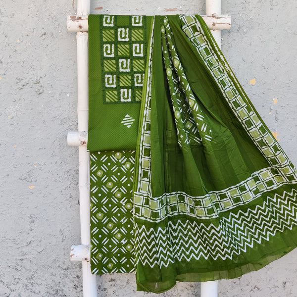 MOHINI - Pure Cotton Green Jacquard Top With Batik Yoke With Pure Cotton Batik Bottom And A Batik Dupatta