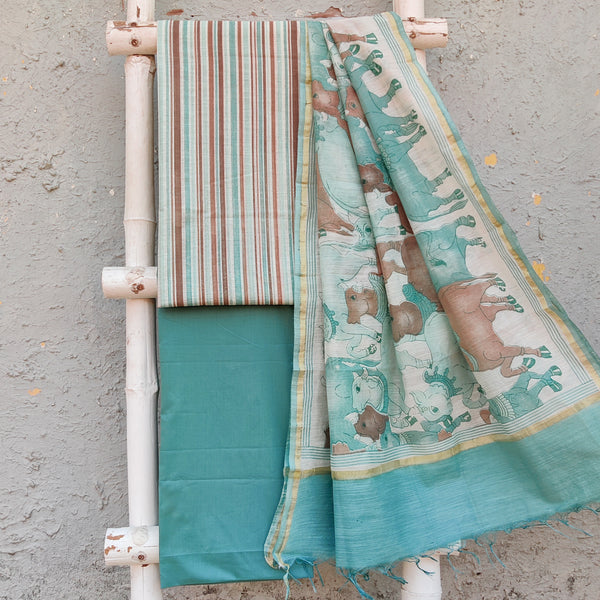 MOO - Cotton Silk Jute Digitally Printed Stripes Top With Pure Cotton Bottom And A Jute Cotton Silk Moo Dupatta