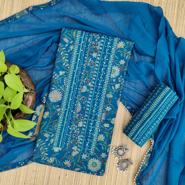 MORPAKHI - Pure Cotton Printed Top With Kurta Patti Stripes Bottom And A Blue Dupatta