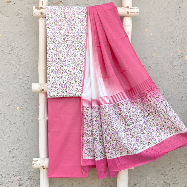 MRIDHINI - Pure Cotton Jacqurd Printed Top With Plain Bottom And A Pure Cotton Mul Jacqurd Dupatta Pink