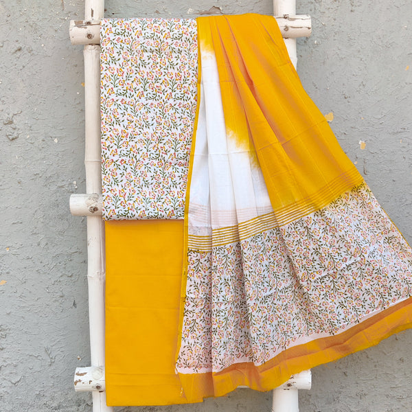 MRIDHINI - Pure Cotton Jacqurd Printed Top With Plain Bottom And A Pure Cotton Mul Jacqurd Dupatta Yellow