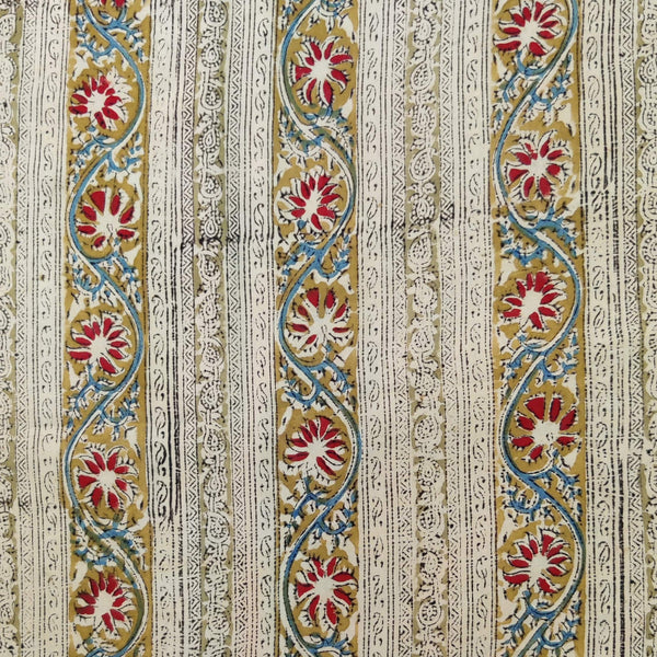 Modal Cotton Cream Kalamkari With Mustard Red Blue Floral Border Hand Block Print Fabric