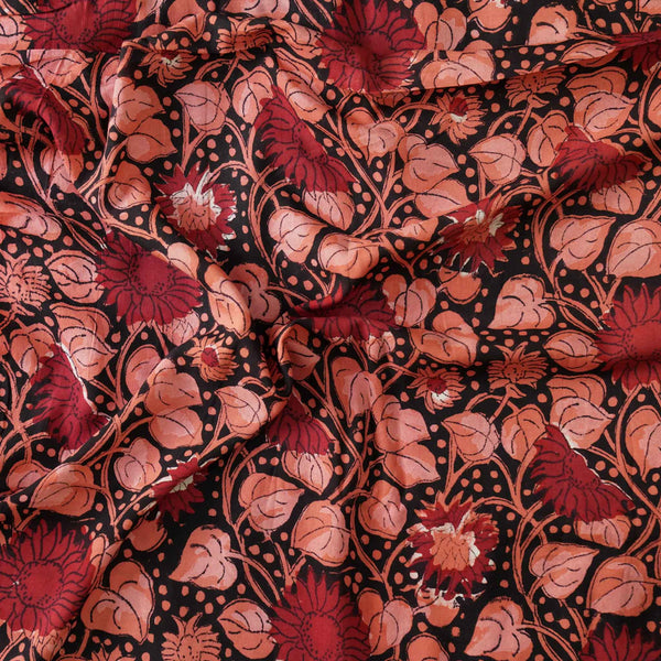 Modal Cotton Dabu Black With Maroon And Peachy Brown Jaal Hand Block Print Fabric