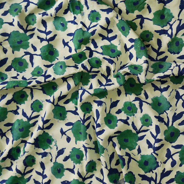 Modal Cotton Dabu Green Blue Floral Jaal Hand Block Print Fabric