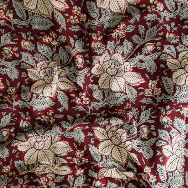 Blouse Piece 1.15 Meter Modal Cotton Dabu Maroon With Grey Rose Lotus Jaal Hand Block Print Fabric