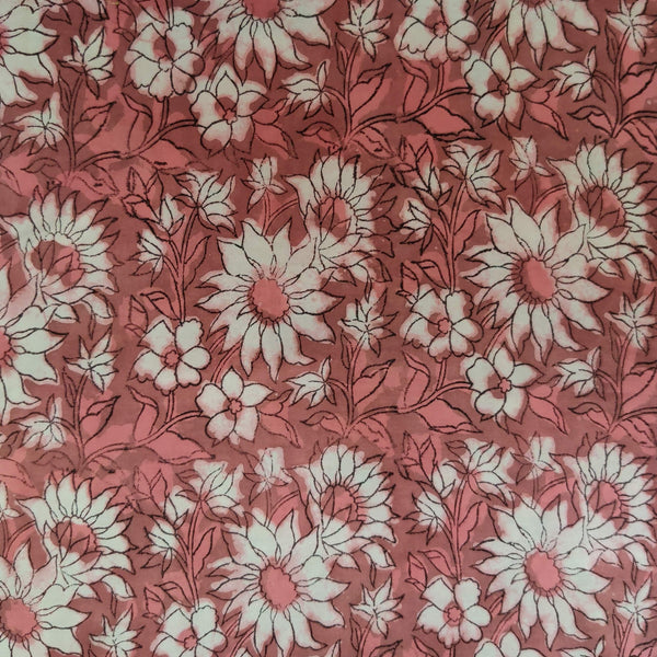 Modal Cotton Dabu Peachy Brown With White Daisy Floral Jaal Hand Block Print Fabric