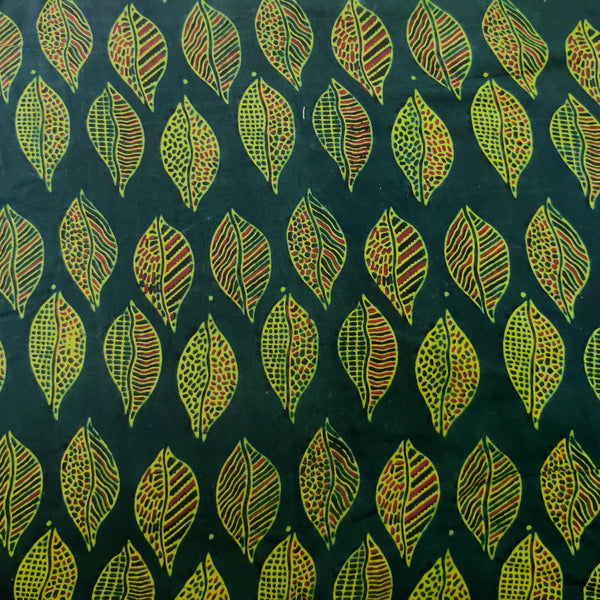 Pre-cut(1.90meters) Modal Cotton Dark Green With Yellow Leaves Hand Block Print Fabric