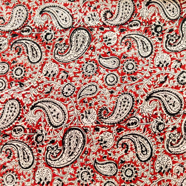 Pure Cotton Kalamkari Red With Black And Off White Cream Kairi Jaal Hand Block Print Fabri