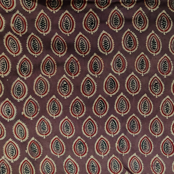 Modal Silk Ajrak Brown With Drop Leaf Hand Block Print Fabric (Blouse Piece 1 Meter )