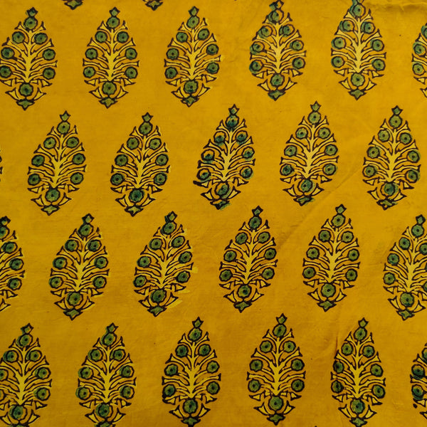 Pre Cut 1.5 Meter Modal Silk Ajrak Haldi Dyed With Pilea Plant Hand Block Print Fabric