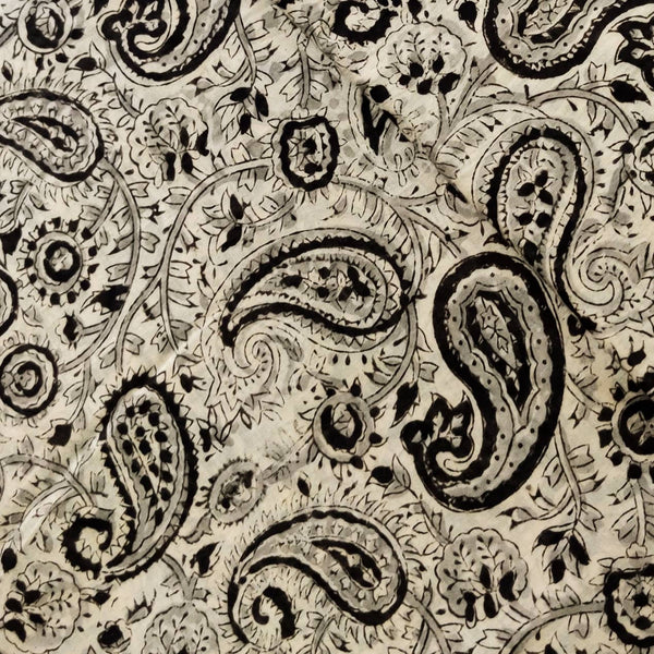 Pure Mul Cotton Cream With Black And Grey Kairi Jaal Hand Block Print Fabric