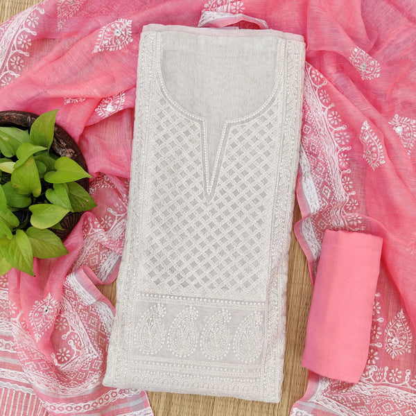 NAIRA - Cotton Silk Hakoba Top Fabric With Plain Bottom And Cotton Silk Dupatta Pink