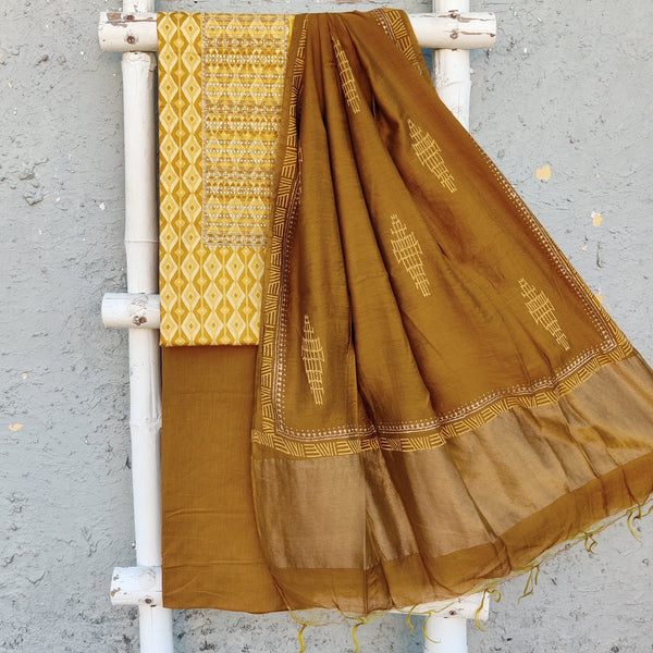 NAIRA - Pure Cotton Printed Top With Embroidered Yoke With Plain Bottom And A Soft Chanderi Dupatta