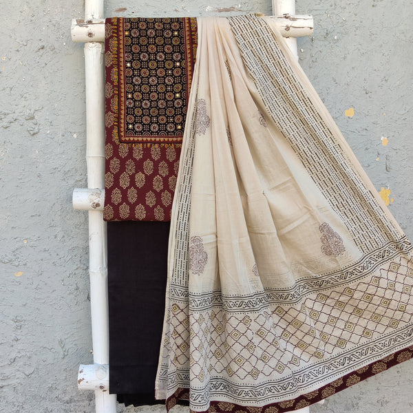 NAYA - Pure Cotton Brown Gamthi Block Printed Top With Embellished Yoke With Plain Cotton Bottom With A Cream Cotton Printed Dupatta