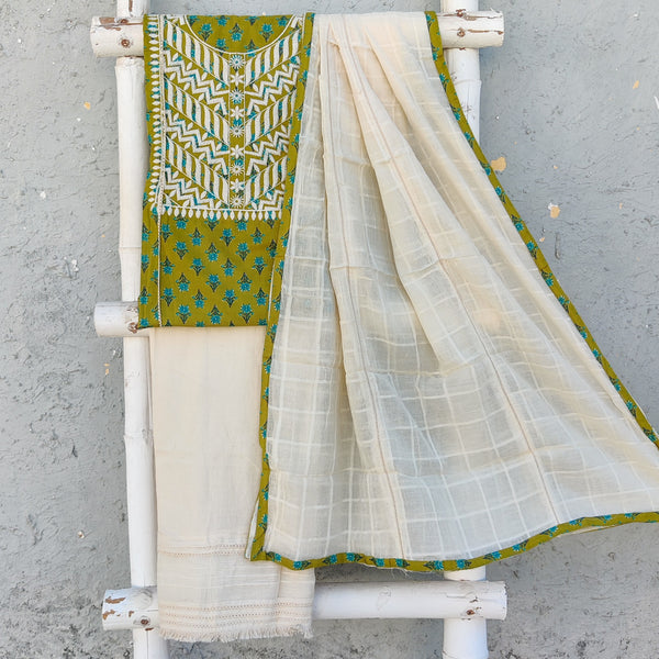 NAYA - Pure Cotton Green Screen Print With Cream Embroidered Yoke Cream Handloom Bottom And A Cream Dupatta